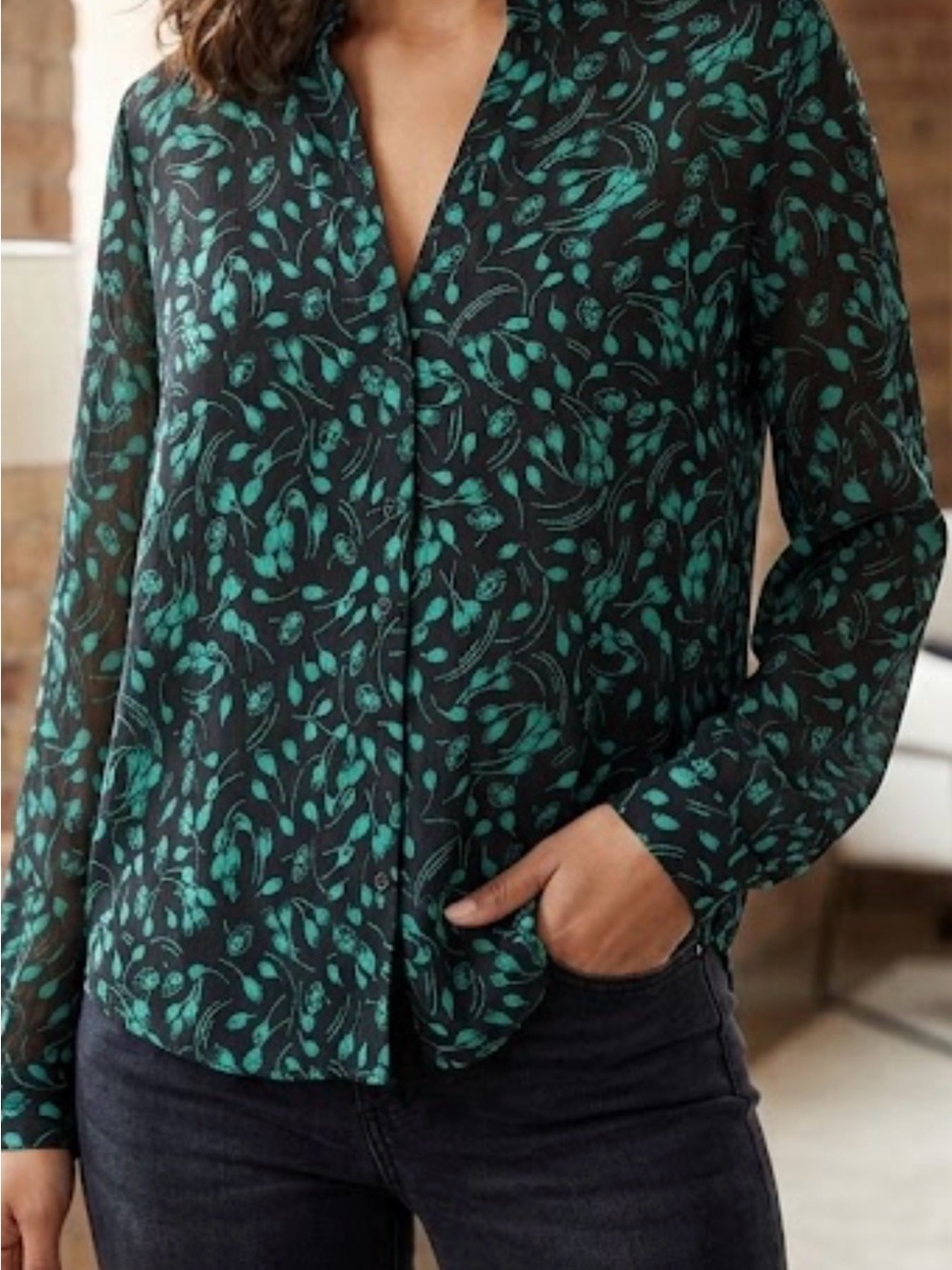 Who What Wear Black Blouse with Green Floral Design